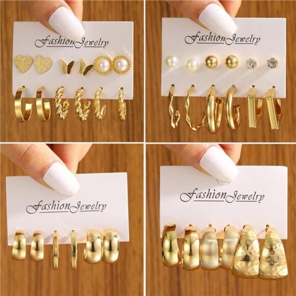 45 Pairs Gold Hoop Earrings Set for Women Multipack, Hypoallergenic Chunky - Picture 2 of 6